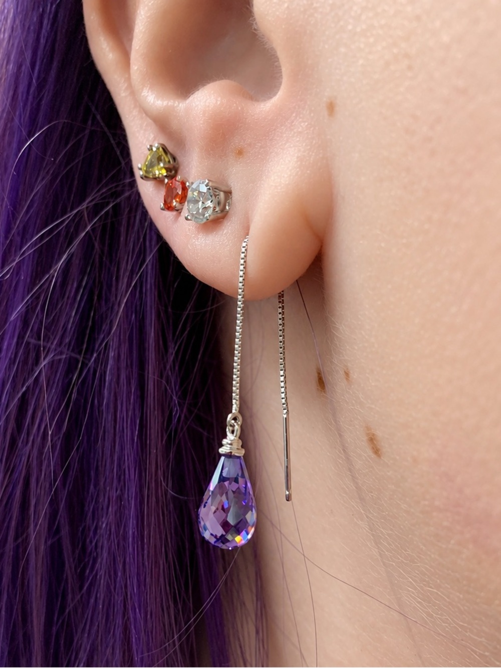 14KT White Gold Earrings with Purple CZ, Two Ways to Wear